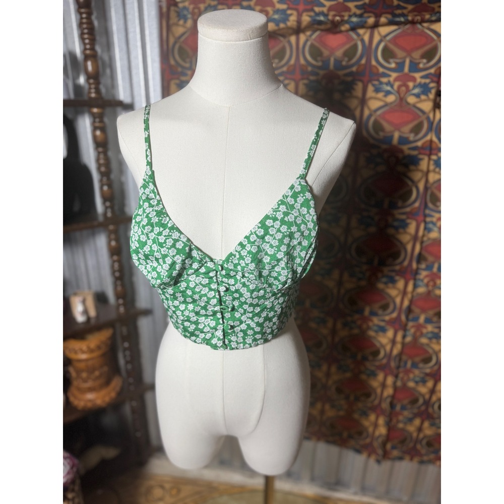 Polly Green Floral Button Up Cami Crop Top Summer Sleeveless‎ US 8